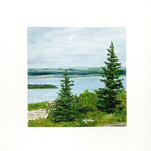8x8 Maine Original Oil Painting Acadia Cadillac Mountain Pinetrees Ocean Signed